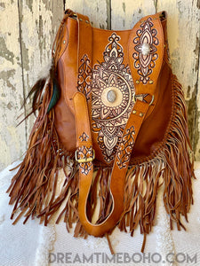 Sahara Hand Tooled Leather Fringe Boho Bag-Boho Fringe Bag-Dreamtime Boho -Brown/Beige-Dreamtime Boho