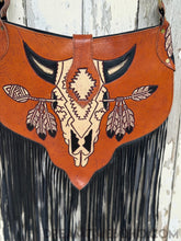 Load image into Gallery viewer, Hand Tooled Buffalo Feather Fringe Boho Bag-Crossbody Bag-Dreamtime Boho-Dreamtime Boho