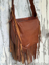 Load image into Gallery viewer, Hand Tooled Brown Raven Leather Fringe Boho Bag-Leather Crossbody Bag-Dreamtime Boho-Dreamtime Boho