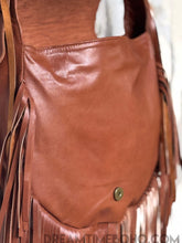 Load image into Gallery viewer, Hand Tooled Brown Raven Leather Fringe Boho Bag-Leather Crossbody Bag-Dreamtime Boho-Dreamtime Boho