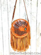 Load image into Gallery viewer, Rustic Moon Fringed Round Leather Crossbody Boho Bag - Tan-Crossbody Bag-Dreamtime Boho-Dreamtime Boho
