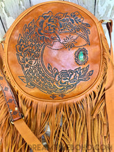 Load image into Gallery viewer, Rustic Moon Fringed Round Leather Crossbody Boho Bag - Tan-Crossbody Bag-Dreamtime Boho-Dreamtime Boho