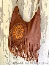 Load image into Gallery viewer, Convertible Leather Mandala Backpack/Crossbody Fringed Leather Boho Bag-Boho Handbags-Dreamtime Boho-Tan-Dreamtime Boho