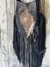 Load image into Gallery viewer, Hand Tooled Sahara Leather Crossbody Fringe Boho Bag - Black-Apparel & Accessories-Dreamtime Boho -Dreamtime Boho