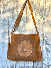 Load image into Gallery viewer, Tooled Leather Crossbody Mandala Boho Bag-Crossbody Bag-Dreamtime Boho-Light Tan-Dreamtime Boho