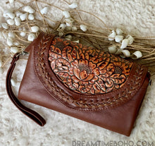 Load image into Gallery viewer, Tooled Leather Boho Wallet Purse Clutch Crossbody-Leather Wallet-Dreamtime Boho-Brown-Dreamtime Boho