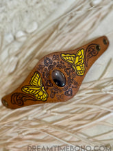 Load image into Gallery viewer, Hand Painted Leather Cuff with Gemstone Centrepiece-Apparel & Accessories-Dreamtime Boho-Yellow Butterfly-Dreamtime Boho