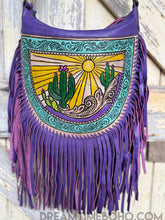 Load image into Gallery viewer, Cactus Desert Sun Leather Crossbody Bohemian Fringe Bag - Purple-Handbags, Wallets & Cases-Dreamtime Boho -Dreamtime Boho
