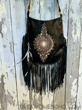 Load image into Gallery viewer, Hand Tooled Sahara Leather Crossbody Fringe Boho Bag - Black-Apparel & Accessories-Dreamtime Boho -Dreamtime Boho