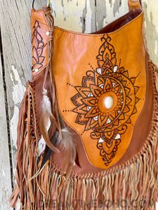 Sahara Hand Tooled Leather Fringe Boho Bag-Boho Fringe Bag-Dreamtime Boho -Brown-Dreamtime Boho