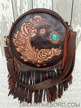Load image into Gallery viewer, Rustic Moon Leather Crossbody Fringe Bag - Antique Brown-Leather Crossbody Bag-Dreamtime Boho -Dreamtime Boho