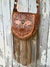Load image into Gallery viewer, Hand Tooled Suede Leather Fringe Bag with Gemstone - Lucky Soul Bag-Apparel & Accessories-Dreamtime Boho -Dreamtime Boho
