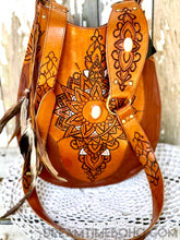 Load image into Gallery viewer, Tooled Leather Boho Bag with Feathers - Sahara Fringe Free-Leather Boho bag-Dreamtime Boho-Brown-Dreamtime Boho