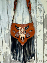 Load image into Gallery viewer, Hand Tooled Buffalo Feather Fringe Boho Bag-Crossbody Bag-Dreamtime Boho-Dreamtime Boho