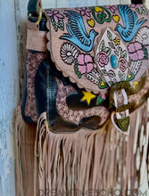 Load image into Gallery viewer, Hand Painted Black Love Story Fringe Leather Boho Bag-Handbags-Dreamtime Boho-Dreamtime Boho