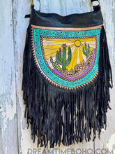 Load image into Gallery viewer, Cactus Desert Sun Leather Crossbody Fringe Boho Bag-Crossbody Bag-Dreamtime Boho -Dreamtime Boho