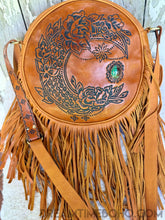 Load image into Gallery viewer, Rustic Moon Fringed Round Leather Crossbody Boho Bag - Tan-Crossbody Bag-Dreamtime Boho-Dreamtime Boho