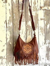 Load image into Gallery viewer, Convertible Leather Mandala Backpack/Crossbody Fringed Leather Boho Bag-Boho Handbags-Dreamtime Boho-Tan-Dreamtime Boho