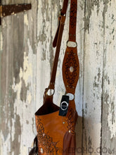 Load image into Gallery viewer, Tooled Leather Boho Bag with Feathers - Sahara Fringe Free-Leather Boho bag-Dreamtime Boho-Brown-Dreamtime Boho