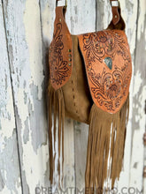 Load image into Gallery viewer, Hand Tooled Suede Leather Fringe Bag with Gemstone - Lucky Soul Bag-Apparel & Accessories-Dreamtime Boho -Dreamtime Boho