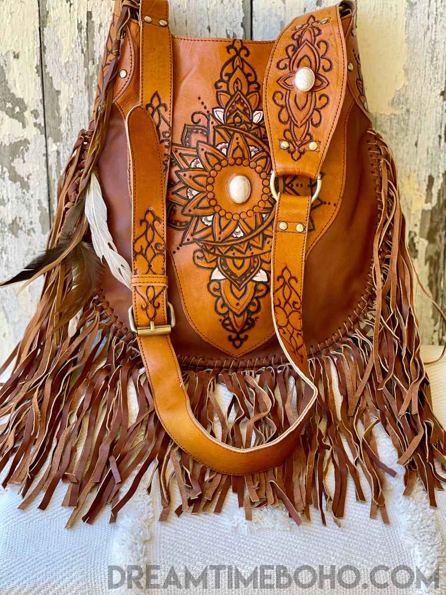 Sahara Hand Tooled Leather Fringe Boho Bag Dreamtime Boho