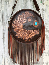 Load image into Gallery viewer, Rustic Moon Leather Crossbody Fringe Bag - Antique Brown-Leather Crossbody Bag-Dreamtime Boho -Dreamtime Boho