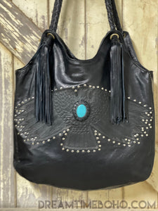 Hand Tooled Eagle Leather Shoulder Bag Boho Leather Tote Bag-Leather Shoulder Bag-Dreamtime Boho-Black-Dreamtime Boho