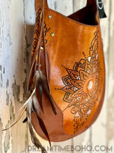 Load image into Gallery viewer, Tooled Leather Boho Bag with Feathers - Sahara Fringe Free-Leather Boho bag-Dreamtime Boho-Brown-Dreamtime Boho
