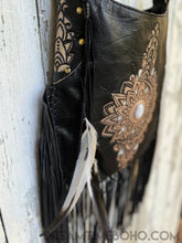 Load image into Gallery viewer, Hand Tooled Sahara Leather Crossbody Fringe Boho Bag - Black-Apparel & Accessories-Dreamtime Boho -Dreamtime Boho