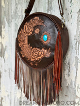 Load image into Gallery viewer, Rustic Moon Leather Crossbody Fringe Bag - Antique Brown-Leather Crossbody Bag-Dreamtime Boho -Dreamtime Boho