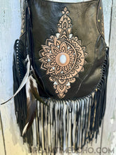 Load image into Gallery viewer, Hand Tooled Sahara Leather Crossbody Fringe Boho Bag - Black-Apparel & Accessories-Dreamtime Boho -Dreamtime Boho