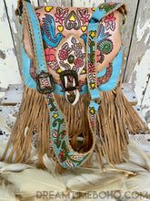 Load image into Gallery viewer, Hand Painted Turquoise Love Story Leather Fringe Boho Bag-Handbags, Wallets & Cases-Dreamtime Boho -Dreamtime Boho