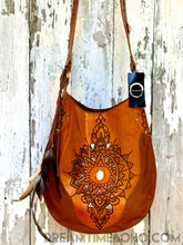 Load image into Gallery viewer, Tooled Leather Boho Bag with Feathers - Sahara Fringe Free-Leather Boho bag-Dreamtime Boho-Brown-Dreamtime Boho