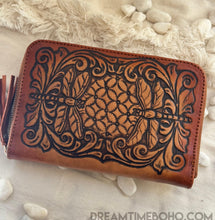 Load image into Gallery viewer, Hand Tooled Dragonfly Wallet Purse Antique Brown-Dreamtime Boho -Dreamtime Boho