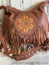 Load image into Gallery viewer, Convertible Leather Mandala Backpack/Crossbody Fringed Leather Boho Bag-Boho Handbags-Dreamtime Boho-Brown-Dreamtime Boho