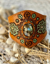 Load image into Gallery viewer, Hand Painted Leather Cuff with Gemstone Centrepiece-Apparel & Accessories-Dreamtime Boho-Green-Dreamtime Boho