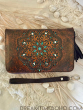 Load image into Gallery viewer, Hand Tooled Leather Mandala Wallet Purse - Antique Brown-Leather Wallet-Dreamtime Boho -Dreamtime Boho