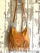 Load image into Gallery viewer, Convertible Leather Mandala Backpack/Crossbody Fringed Leather Boho Bag-Boho Handbags-Dreamtime Boho-Tan-Dreamtime Boho