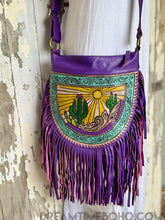 Load image into Gallery viewer, Cactus Desert Sun Leather Crossbody Bohemian Fringe Bag - Purple-Handbags, Wallets & Cases-Dreamtime Boho -Dreamtime Boho