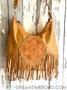 Convertible Mandala Backpack/crossbody Fringed Leather Boho Bag-Boho Handbags-Dreamtime Boho-Tan-Dreamtime Boho