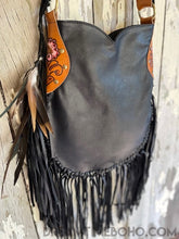 Load image into Gallery viewer, Hand Tooled Black Betty Fringed Cross Body Leather Boho Bag-Handbags-Dreamtime Boho-Dreamtime Boho
