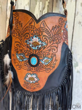 Load image into Gallery viewer, Hand Tooled Black Betty Fringed Cross Body Leather Boho Bag-Handbags-Dreamtime Boho-Dreamtime Boho