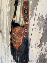 Load image into Gallery viewer, Hand Tooled Black Betty Fringed Cross Body Leather Boho Bag-Handbags-Dreamtime Boho-Dreamtime Boho