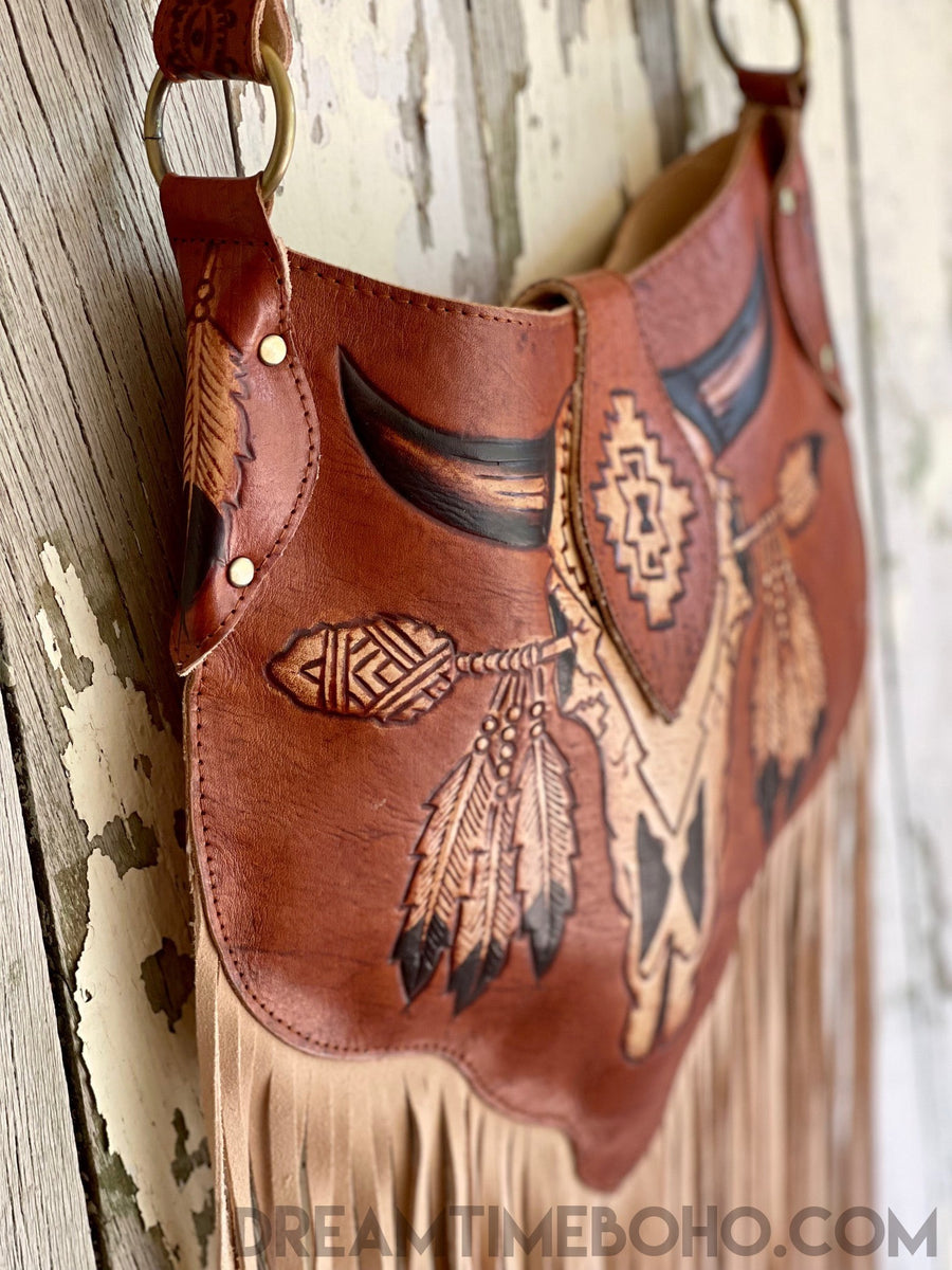 Hand Tooled Brown Raven Leather Fringed Boho Bag – Dreamtime Boho