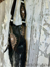Load image into Gallery viewer, Hand Tooled Sahara Leather Crossbody Fringe Boho Bag - Black-Apparel & Accessories-Dreamtime Boho -Dreamtime Boho