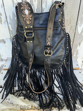 Load image into Gallery viewer, Hand Tooled Sahara Leather Crossbody Fringe Boho Bag - Black-Apparel & Accessories-Dreamtime Boho -Dreamtime Boho