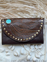 Load image into Gallery viewer, Hand Tooled Feather Turquoise Leather Wallet Purse-Apparel & Accessories-Dreamtime Boho -Dreamtime Boho
