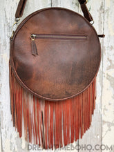 Load image into Gallery viewer, Rustic Moon Leather Crossbody Fringe Bag - Antique Brown-Leather Crossbody Bag-Dreamtime Boho -Dreamtime Boho
