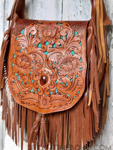 Load image into Gallery viewer, Hand Tooled Brown Raven Leather Fringe Boho Bag-Leather Crossbody Bag-Dreamtime Boho-Dreamtime Boho