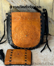 Load image into Gallery viewer, Mandala Leather Hand Tooled Crossbody Boho Bag-Crossbody Handbag-Dreamtime Boho-Black-Dreamtime Boho